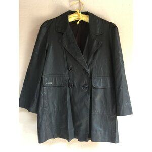 Vintage Cop-Copine Black Double Breasted Faux Leather Jacket Coat Sz 38 Pockets
